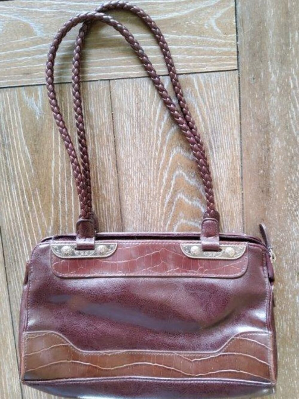 Vintage Brighton Brown Leather Croc Embossed Braided Shoulder Bag Y2K